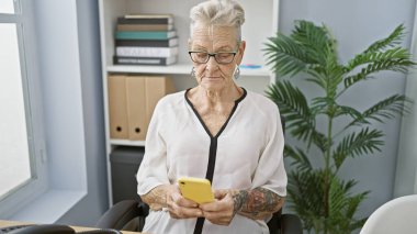 Zarif, gri saçlı kıdemli kadın patron, işine konsantre oluyor, ofis karmaşasının ortasında akıllı telefondan ciddi mesajlar yazıyor. Yaş ve teknolojinin mükemmel bir karışımı..