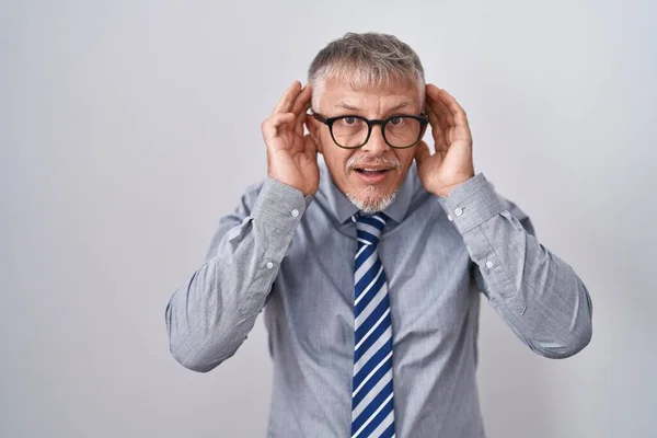 Hispanic Business Man Grey Hair Wearing Glasses Trying Hear Both — Stock Photo, Image