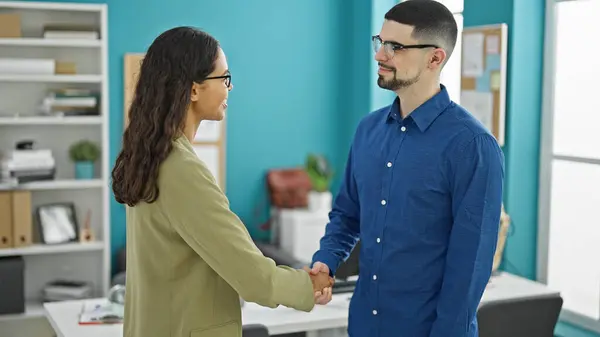 Confident Man Woman Workers Seal Successful Agreement Professional Handshake Standing — Stock Photo, Image