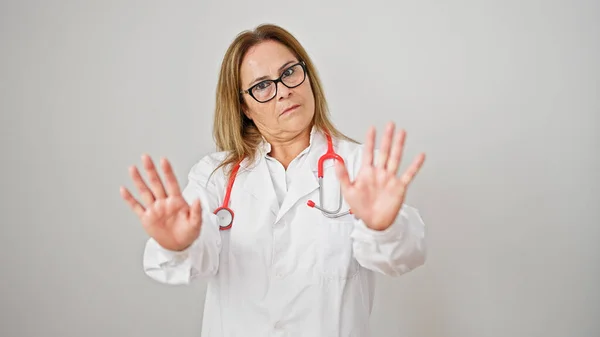 Middle Age Hispanic Woman Doctor Standing Serious Expression Doing Calm — Stock Photo, Image