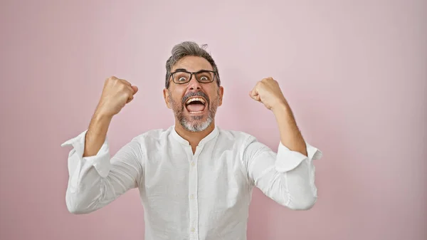 Attractive Young Hispanic Man Grey Haired Wearing Glasses Confidently Celebrating — Stock Photo, Image