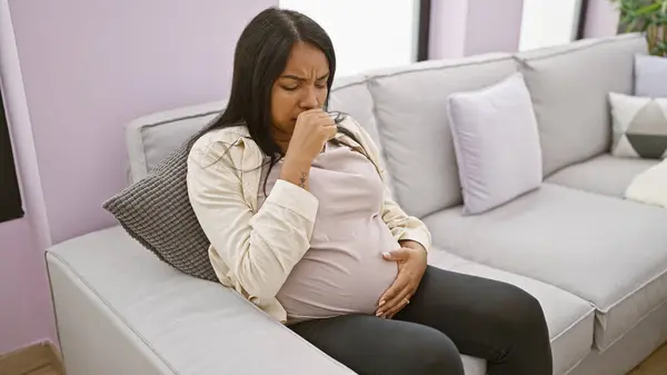 Young Pregnant Woman Touching Belly Sitting Sofa Coughing Home — Stock Photo, Image