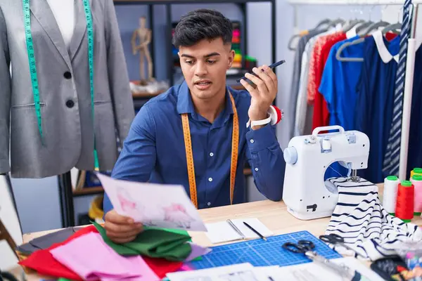 Young Hispanic Man Tailor Talking Smartphone Looking Clothing Design Clothing — Stock Photo, Image