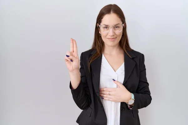 Beautiful Brunette Woman Wearing Business Jacket Glasses Smiling Swearing Hand — Stock Photo, Image