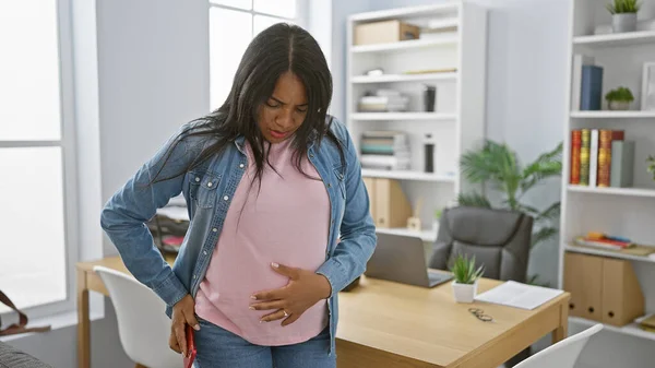 Expecting Young Worker Pregnant Business Woman Pain Hand Belly Suffering — Stock Photo, Image