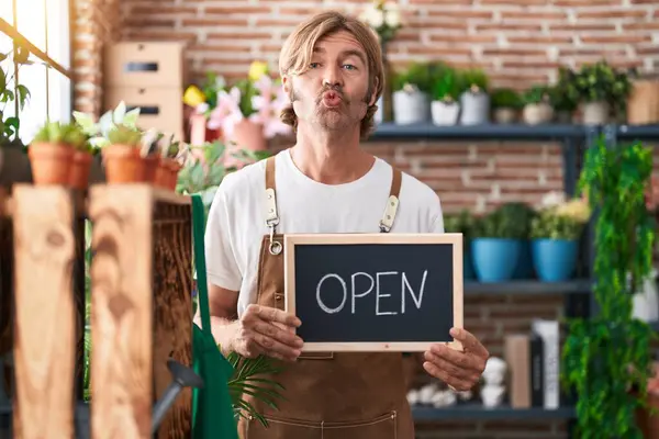 Caucasian Man Mustache Working Florist Holding Open Sign Looking Camera — Stock Photo, Image