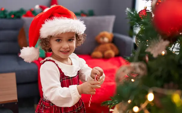 Adorable Hispanic Toddler Smiling Confident Decorating Christmas Tree Home — Stock Photo, Image