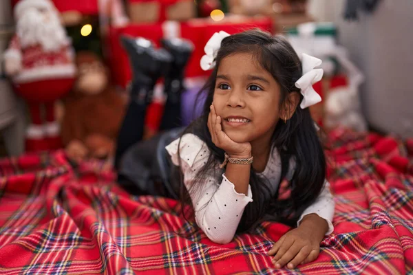 Adorable Hispanic Girl Smiling Confident Lying Floor Christmas Tree Home — Stock Photo, Image