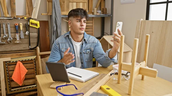 Handsome Young Hispanic Carpenter Expertly Managing Business Video Call His — Stock Photo, Image