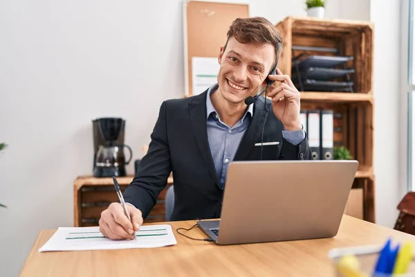 Young Man Call Center Agent Smiling Confident Working Office — Fotografia de Stock