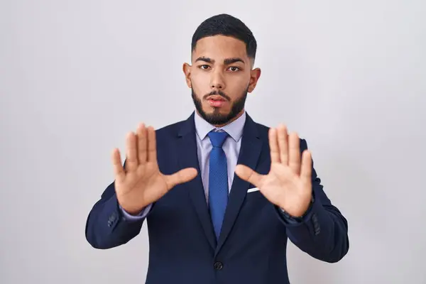 Young Hispanic Man Wearing Business Suit Tie Moving Away Hands — Photo