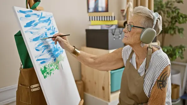Elderly grey-haired woman artist absorbed in the joy of painting, surrounded by paintbrushes and canvas\'s, in a classic art school studio while cheerfully listening to her favorite music.