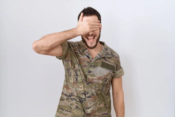 Young Hispanic Man Wearing Camouflage Army Uniform Smiling Laughing Hand — Foto de Stock