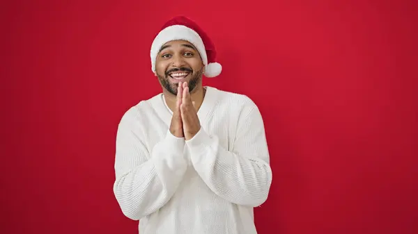 Afro Americano Homem Vestindo Natal Chapéu Aplausos Mãos Aplausos Sobre — Fotografia de Stock