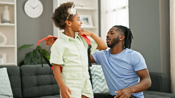 African American Father Daughter Wearing Backpack Preparing School Home — Stock Photo, Image