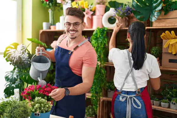 Man Woman Florists Watering Plant Working Flower Shop — Stock Photo, Image