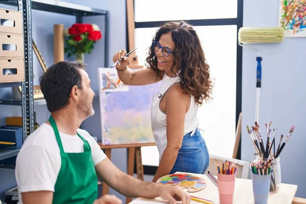Man Woman Artists Smiling Confident Drawing Art Studio — Stockfoto
