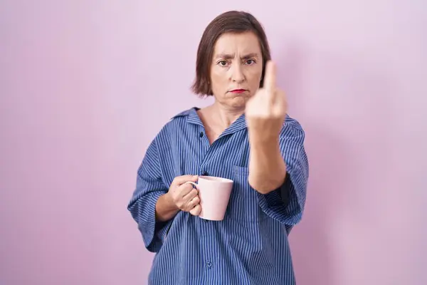 Middle Age Hispanic Woman Drinking Cup Coffee Showing Middle Finger — ストック写真