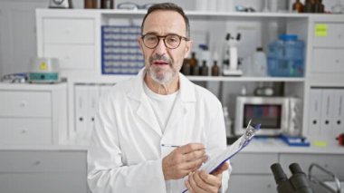 Orta yaşlı bir adam, gri saçlı bir bilim adamı. Laboratuvarda konuşan bir panoya yazı yazıyor.