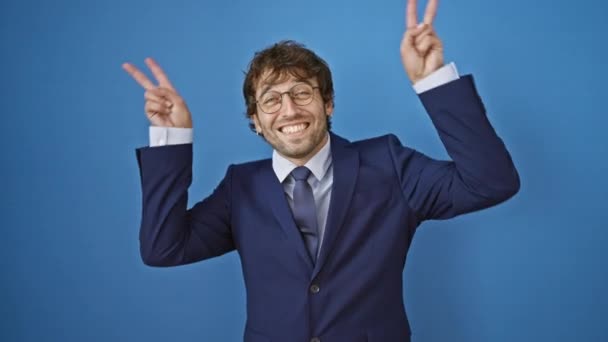 Cheerful Young Man Business Suit Poses Funny Bunny Ears Gesture — Stock Video