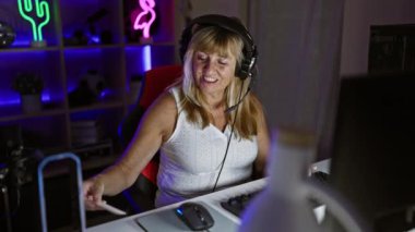 Sarışın, orta yaşlı flama kadın, sanal oyunlara dalmış, kredi kartı tutuyor, gece geç saatlerde oyun odasında internetten ödeme yapıyor.