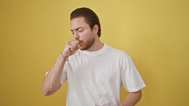 Young Hispanic Man Coughing Isolated Yellow Background — Stock Video