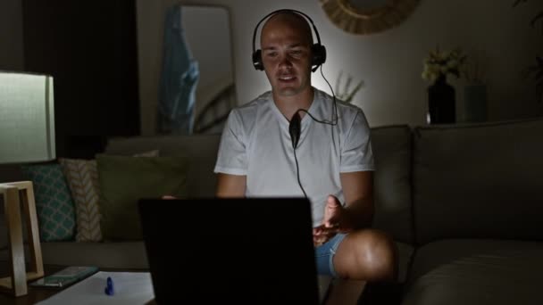 Young Hispanic Man Having Video Call Sitting Sofa Home — Stock Video