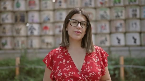 Impresionante Mujer Hispana Radiante Alegría Posa Juguetonamente Con Gafas Icónico — Vídeo de stock