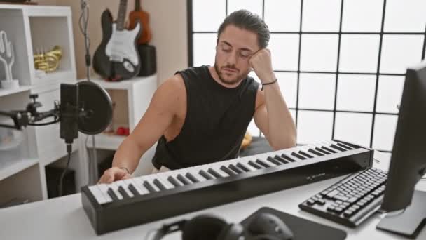 Молодой Испаноязычный Музыкант Играющий Фортепиано Устал Музыкальной Студии — стоковое видео
