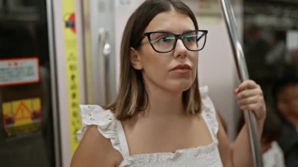 Mulher Hispânica Bonita Com Óculos Esperando Meio Trânsito Metrô Retrato — Vídeo de Stock