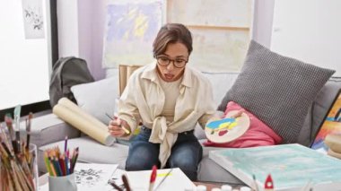 Korku dolu sanat, genç, güzel İspanyol kadın sanatçı inançsızlık yakaladı; kapalı kapalı kapalı ağzı ile şaşkın yüz, stüdyo kanepesinde oturan, merak ifade, heyecanlı ama heyecanlı.