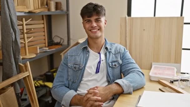 Schöner Junger Hispanischer Mann Lächelnder Tischler Der Einem Tisch Sitzt — Stockvideo