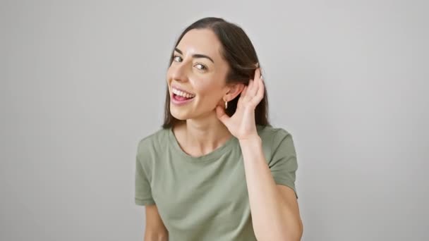 Vibrant Young Hispanic Woman Casual Clothes Strikes Gossip Listening Gesture — Stock Video