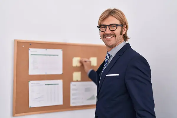 Young Blond Man Business Worker Writing Cork Board Office — Stock Photo, Image