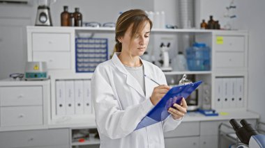 Kendini adamış genç sarışın bilim adamı derin tıbbi araştırmalara dalmış, titiz bir şekilde test tüplerinin ortasında duran panoya notlar alıyor..