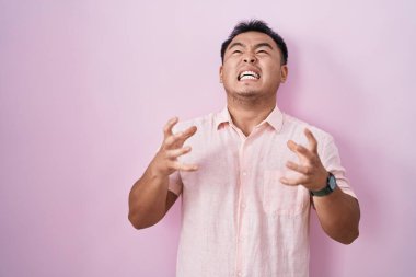 Pembe arka planda duran Çinli genç adam çılgın ve kızgın bir şekilde bağırıyor ve agresif bir ifade ve kollarla bağırıyor. hüsran kavramı. 