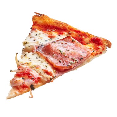  İzole edilmiş beyaz arka planda lezzetli bir dilim reçel ve soğanlı İtalyan pizzası.