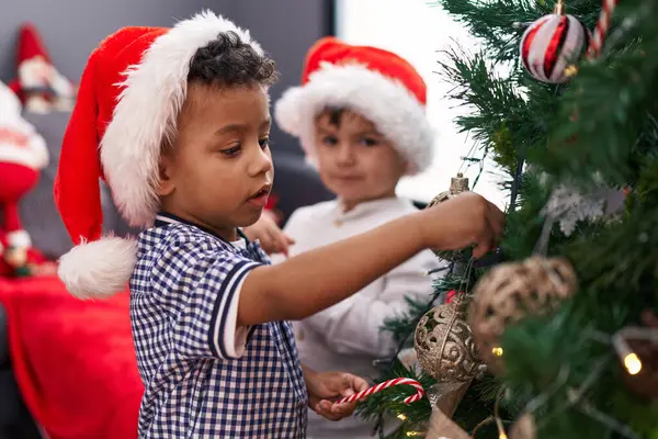 Adorable Boys Decorating Christmas Tree Home — Stock Photo, Image