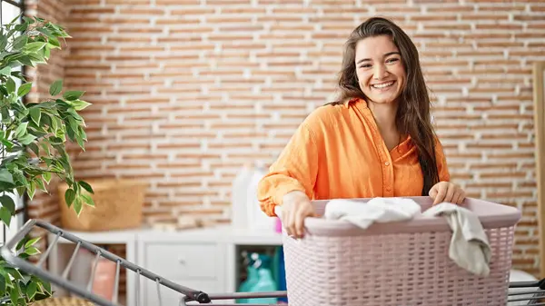 Young Beautiful Hispanic Woman Holding Basket Clothes Smiling Laundry Room — Stock Photo, Image
