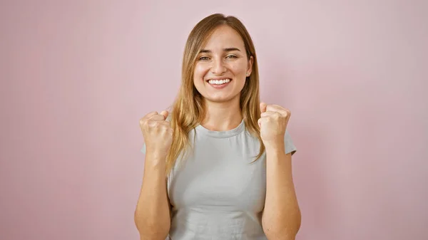 Confident Young Blonde Woman Celebrating Joyous Smile Isolated Pink Background — Stock Photo, Image