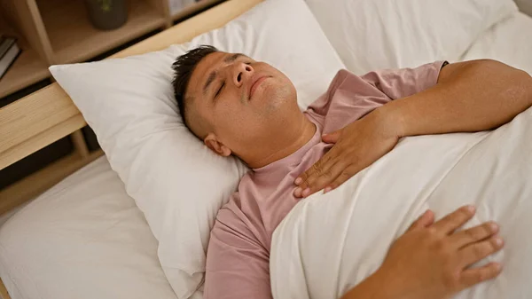 Stressed Young Latin Man Lying Bed Worry Seeping His Morning — Stock Photo, Image