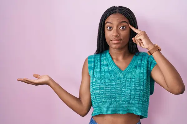 Young African American Braids Standing Pink Background Confused Annoyed Open — Stock Photo, Image
