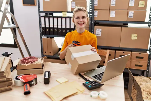 Young Blonde Woman Ecommerce Business Worker Scanning Package Office — Stock Photo, Image