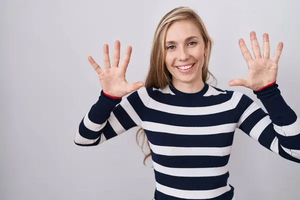 Young Caucasian Woman Wearing Casual Navy Sweater Showing Pointing Fingers — Stock Photo, Image