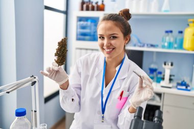 Young beautiful hispanic woman scientist holding marijuana using tweezer at laboratory