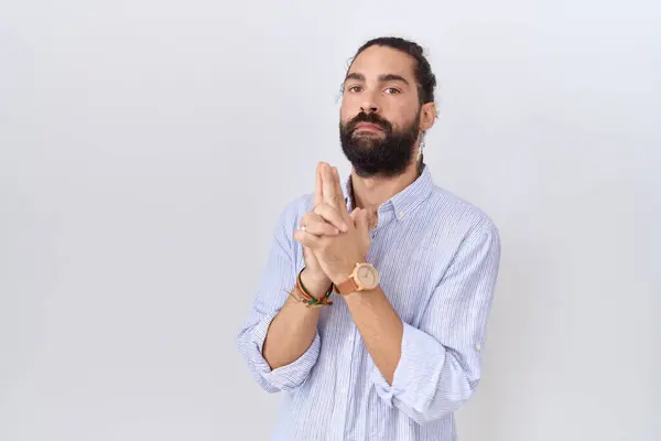 Hispanic Man Beard Wearing Casual Shirt Holding Symbolic Gun Hand — Stock Photo, Image