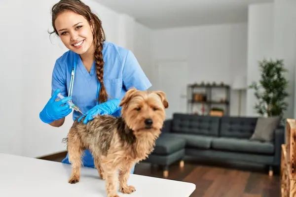 Jonge Mooie Spaanse Vrouw Dierenarts Vaccineren Hond Thuis — Stockfoto
