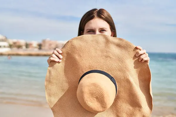 Young Blonde Woman Tourist Covering Mouth Summer Hat Smiling Beach — Stock Photo, Image