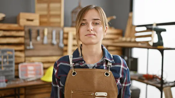 Young Serious Blonde Woman Carpenter Stands Tall Carpentry Studio Bringing — Stock Photo, Image