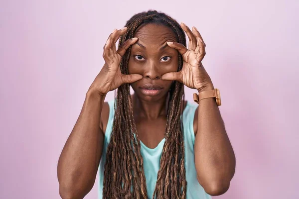 African American Woman Standing Pink Background Trying Open Eyes Fingers — Stock Photo, Image